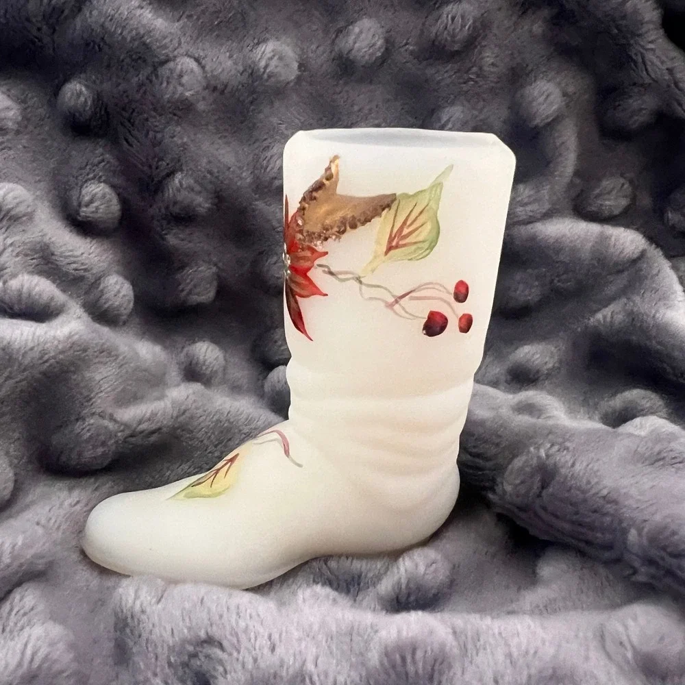 Fenton Art Glass Hand Painted Boot Poinsettia Leaf Signed J Powell 3
